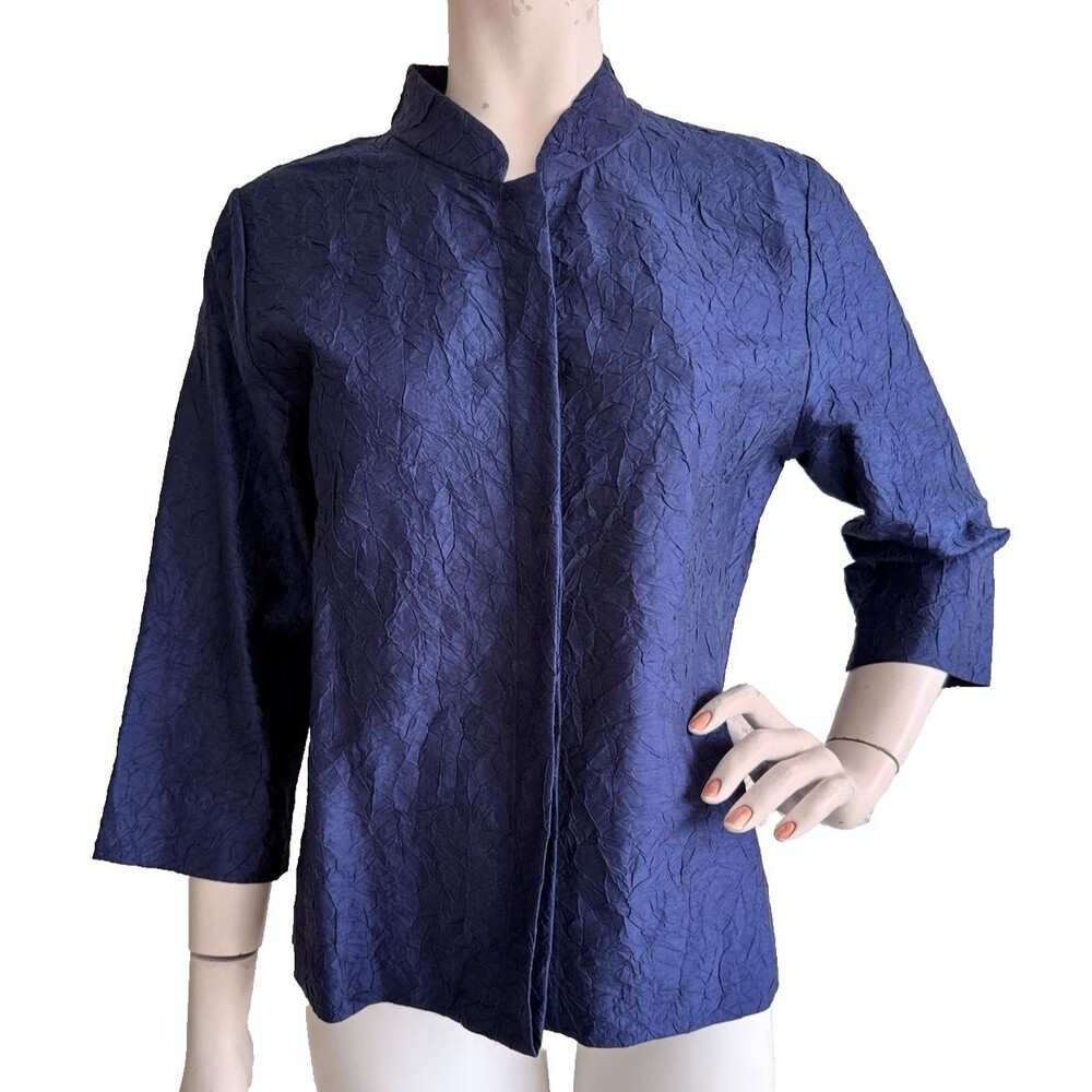 EILEEN FISHER Blue 100% Silk Top Jacket Mandarin Collar 3/4 Sleeves Size M